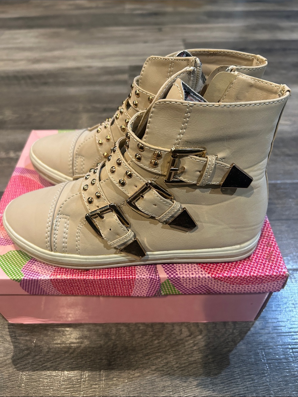 Kids Beige High-Top Sneaker with Buckle Straps